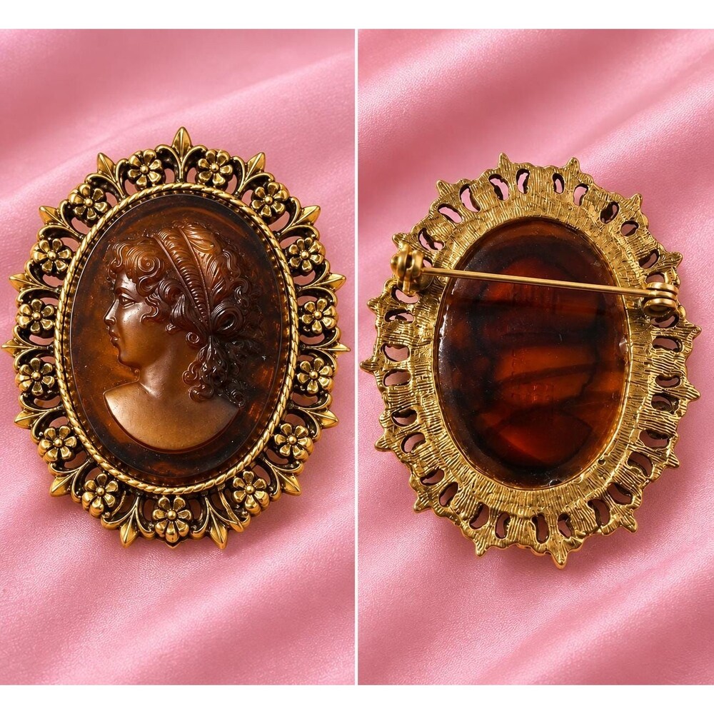Vintage Faux Tortoise Shell Cameo Brooch